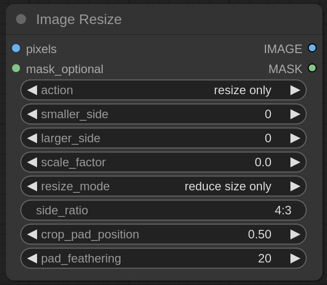 A ComfyUI node titled “Image resize” with inputs pixels and mask_optional, outputs IMAGE and MASK as well as a variety of widgets: action, smaller_side, larger_side, scale_factor, resize_mode, side_ratio, crop_pad_position, pad_feathering