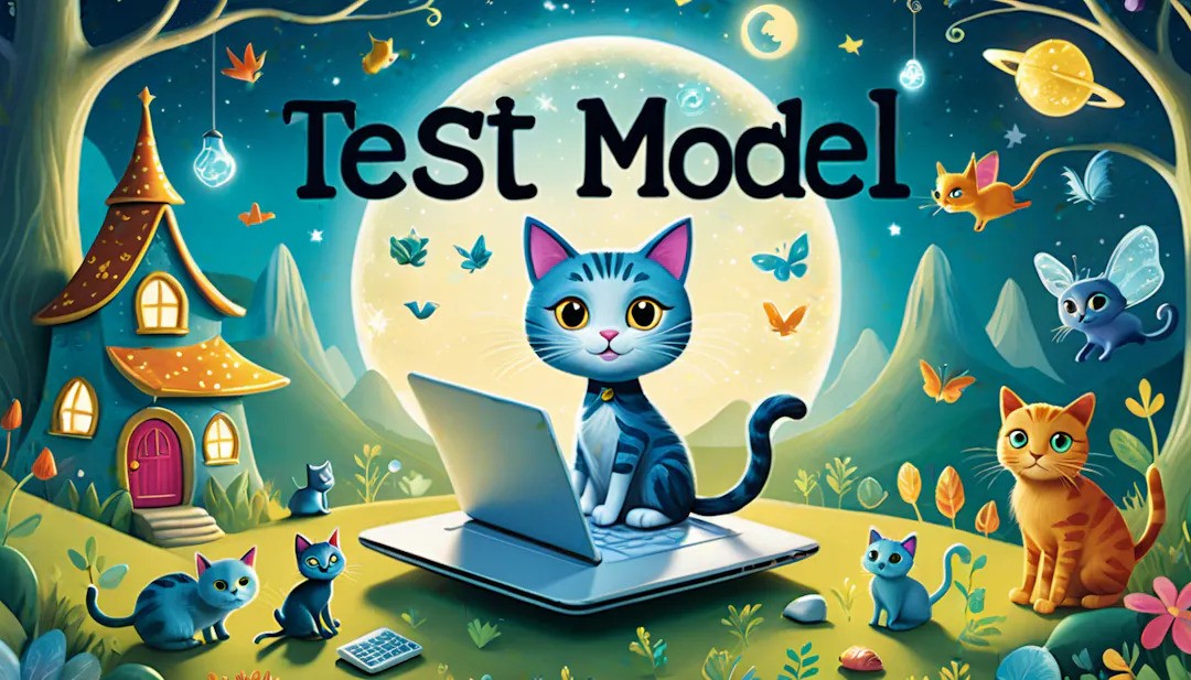Children's book cover titled "Test Model", showcasing a little cat with a laptop computer in a magical scene with mystical creatures as she imagines the impossible