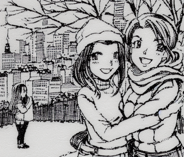 00066-2248729145-gvgtgm lineart drawing, dragon quest anime 2girls, yuri hug, sweater and jeans, heavy snow, city, cars, trees, headshot couples.png