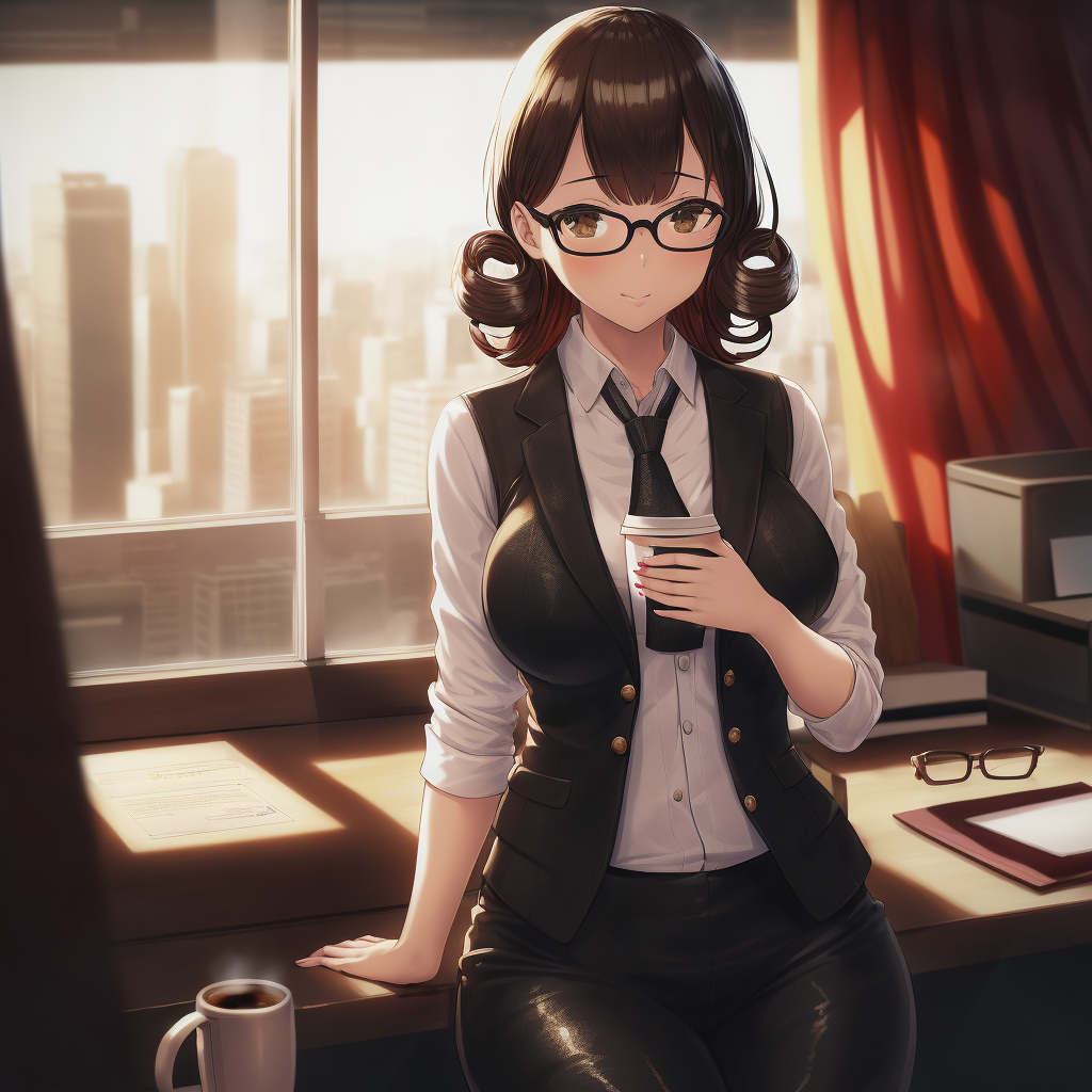 37747-2300296201-woman, business suit, leather vest, pants, glasses, tattoos, hair highlights, office, masterpiece, reflective, caustics, solo, c.png