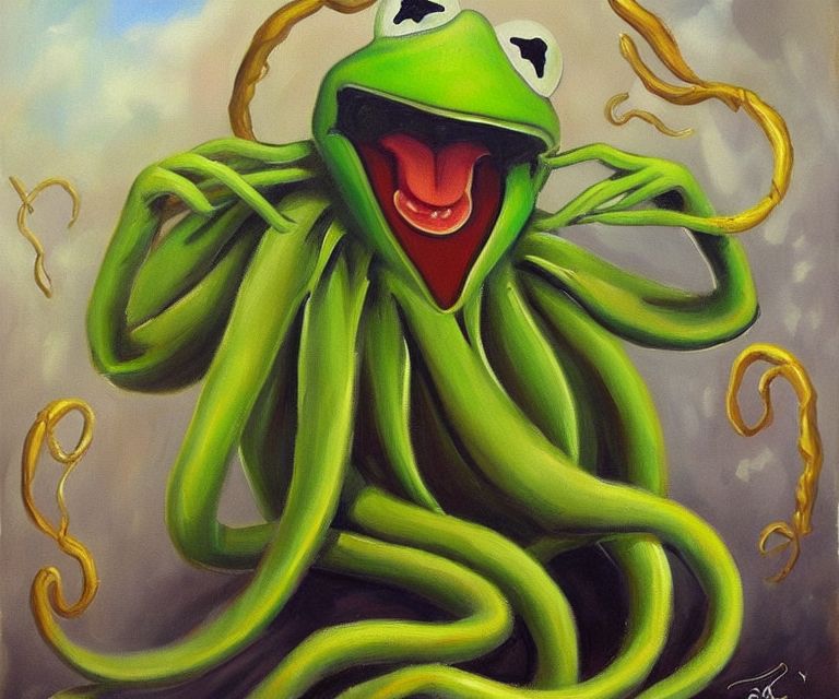 00090-1665116095-A painting of  Cthulhu as kermit the frog, very detailed, clean, high quality, sharp image, based on H.P Lovecraft stories.JPG