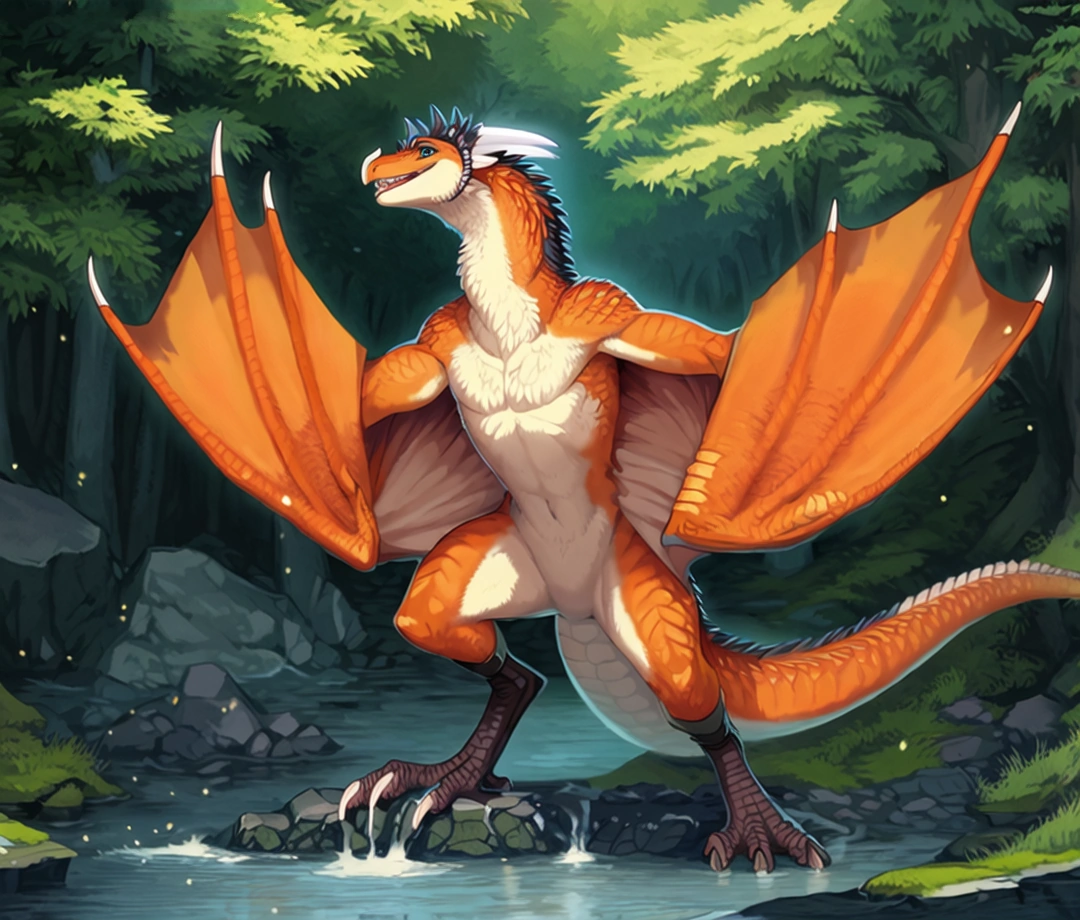An orange wyvern stands over a stream, generated with FluffyRock Unleashed.