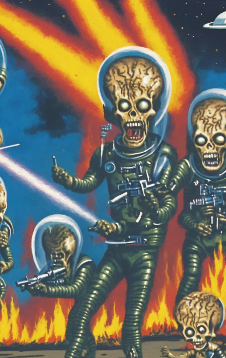 01517-2542804523-a painting of two aliens in space suits with guns in front of a fire with a building in the background in the style marsattacks.jpg
