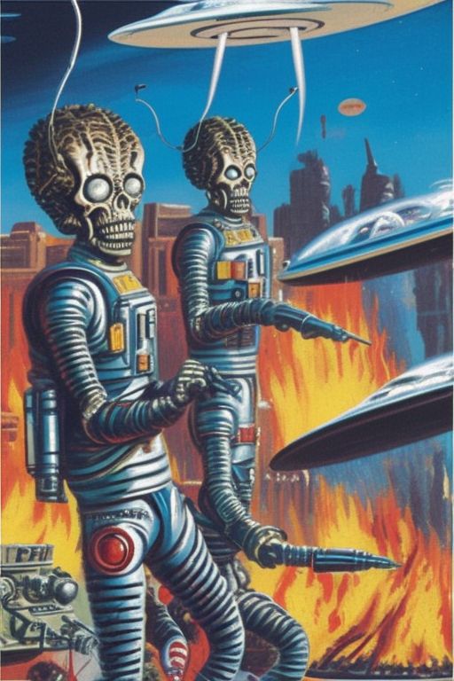 01521-129641232-a painting of two aliens in space suits with ray guns in front of a fire with a building in the background in the style marsatta.jpg