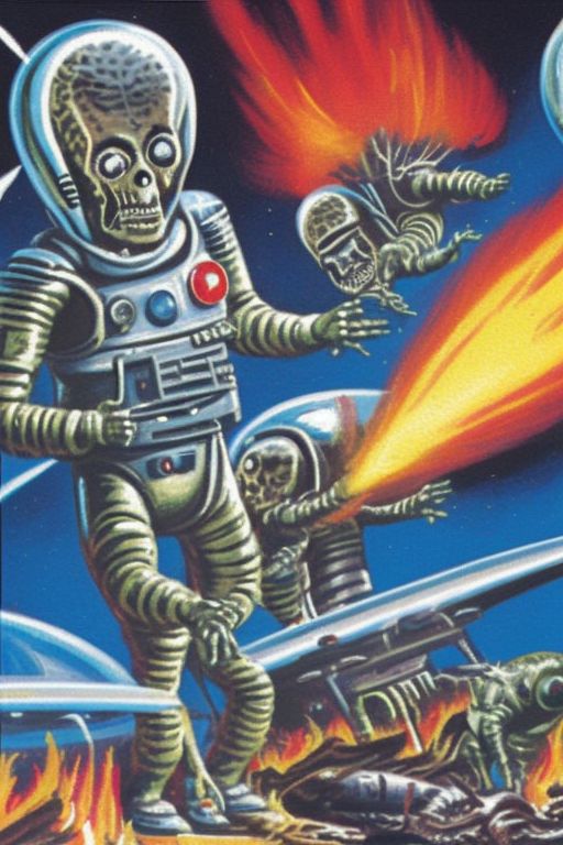 01532-129641243-a painting of two aliens in space suits with ray guns in front of a fire with a building in the background in the style marsatta.jpg