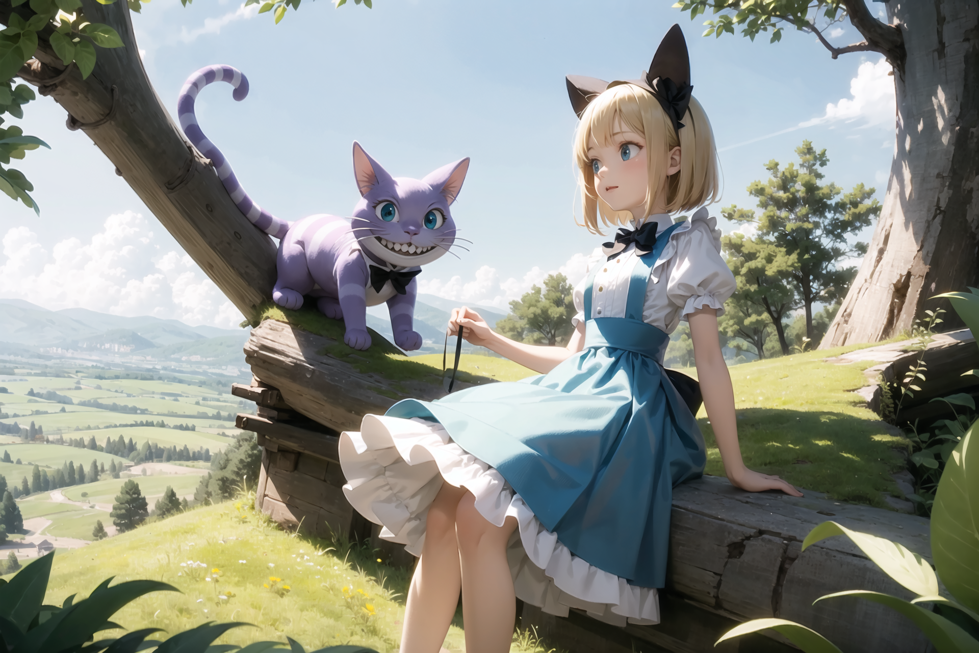 1girl,kawaii,alice in wonderland,talking to the Cheshire Cat