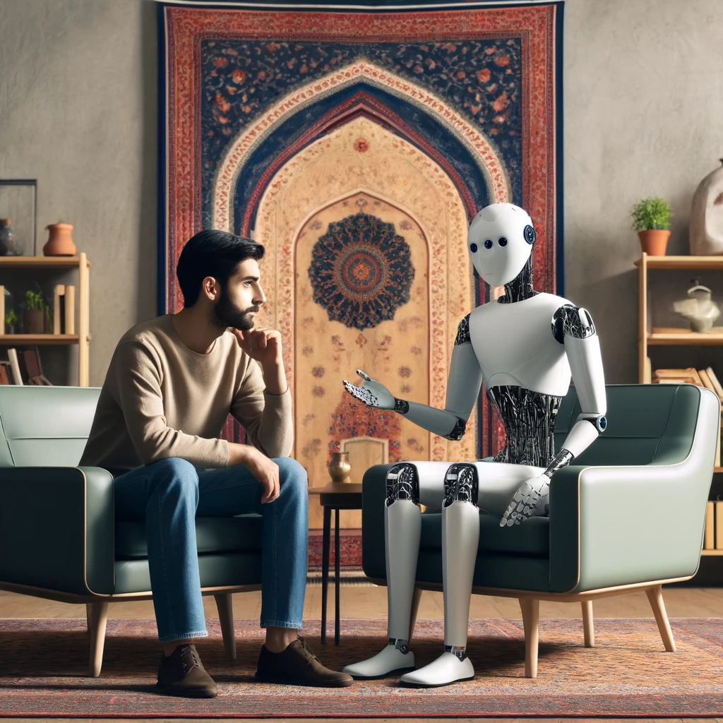 A modern therapist's office with a Persian aesthetic, featuring a humanoid robot therapist and a visibly sad man. The robot is sleek an