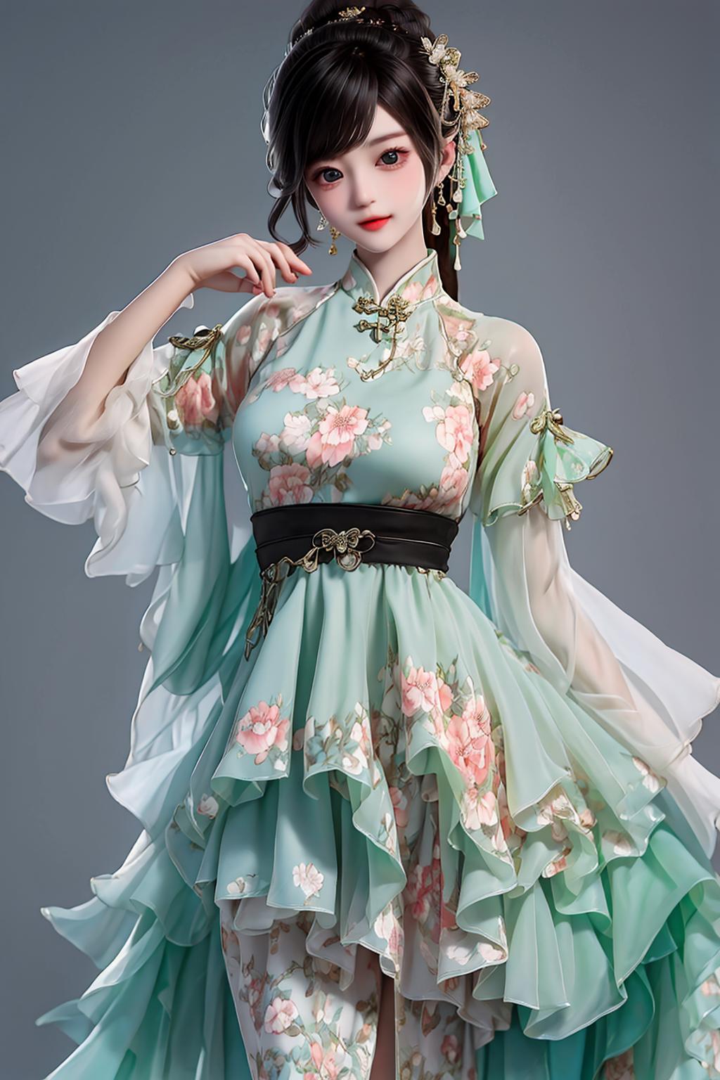 30144-3125544450-masterpiece, best quality,newchinesestylesuit,,1girl , looking at viewer, full body, simple background, Mint Green dress,.jpeg