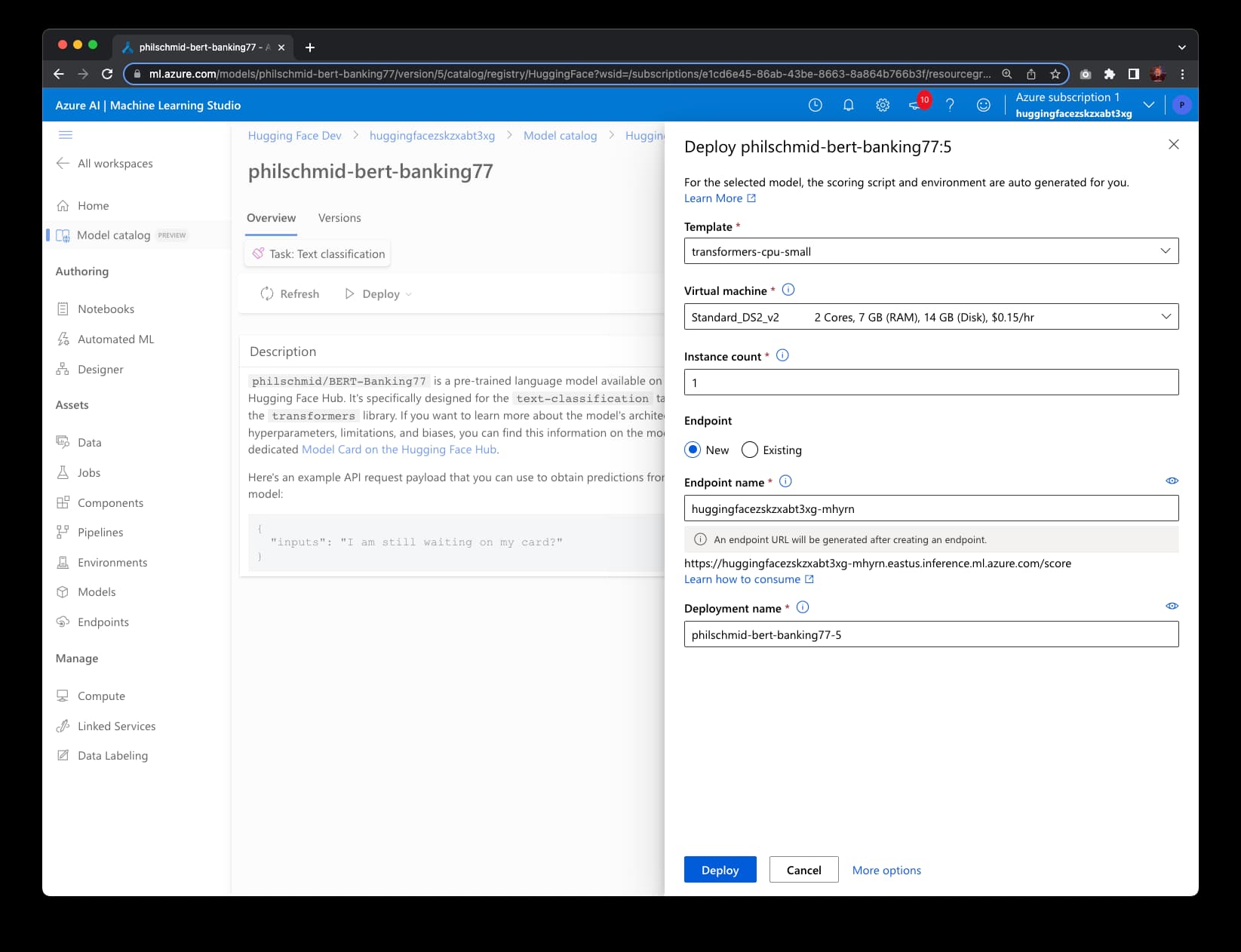 Creating a Hugging Face Endpoint on Azure