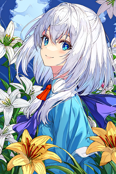 a girl surrounded by lily flowers