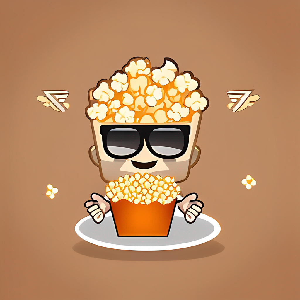 Vector anime chibi style logo featuring a single piece of flaming piece of popcorn with a smiling face, with mirrorshades sunglasses, popcorn as morpheus, clean composition, symmetrical