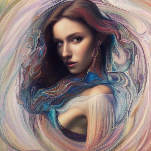 portrait of a beautiful woman, abstractswirls, long shot, masterpiece, by artgerm and mucha