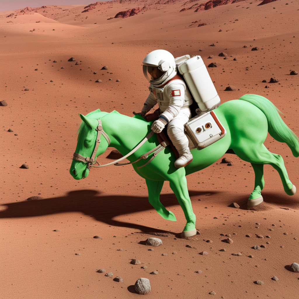 higher quality generated image of an astronaut riding a green horse on Mars