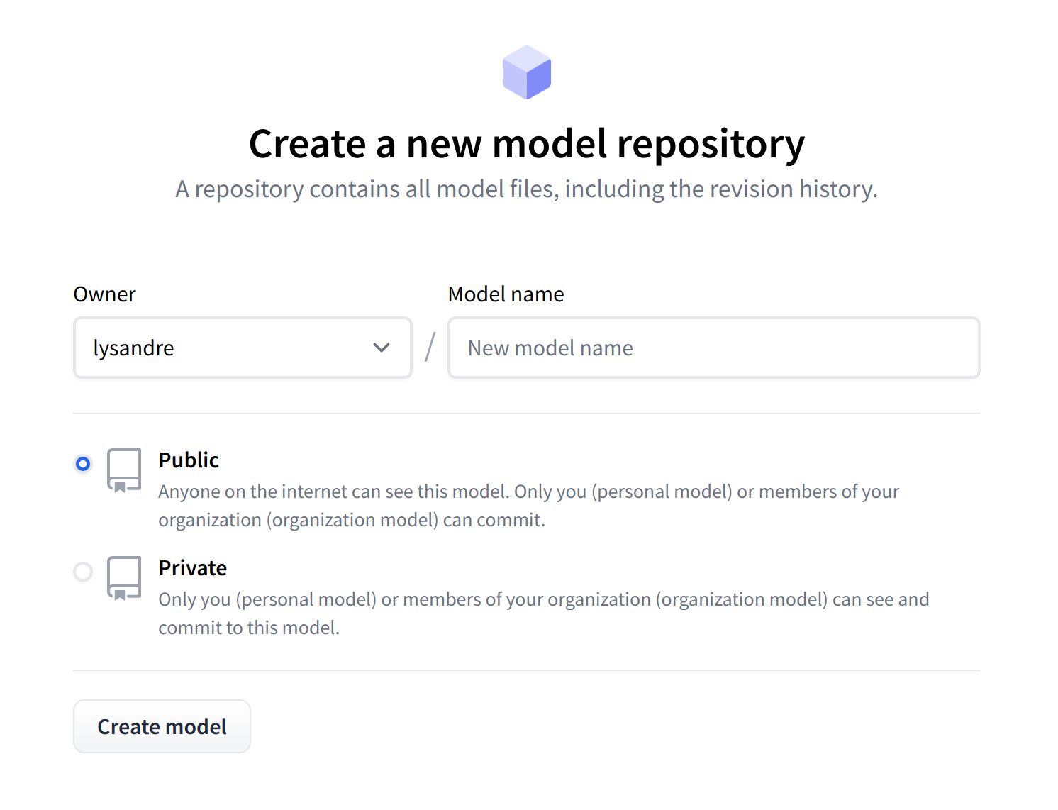 Page showcasing the model used for the creation of a new model repository.