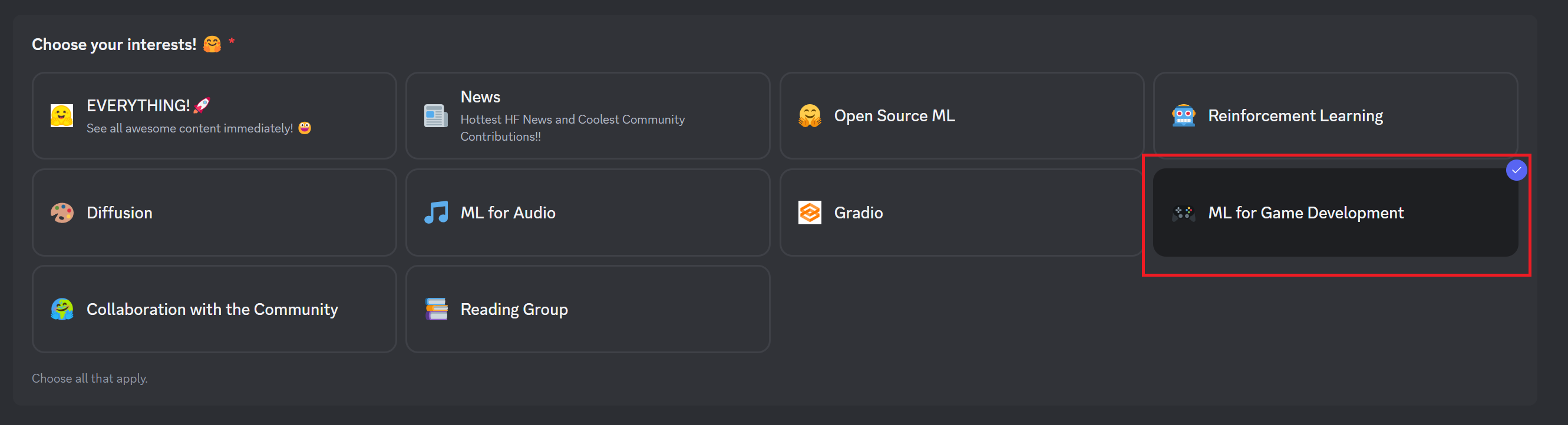 ML for Game Development selection in Discord
