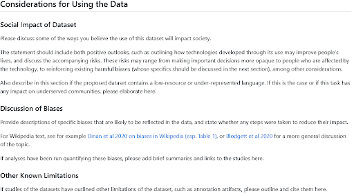 HF Dataset Card guide for the Social Impact and Bias Sections