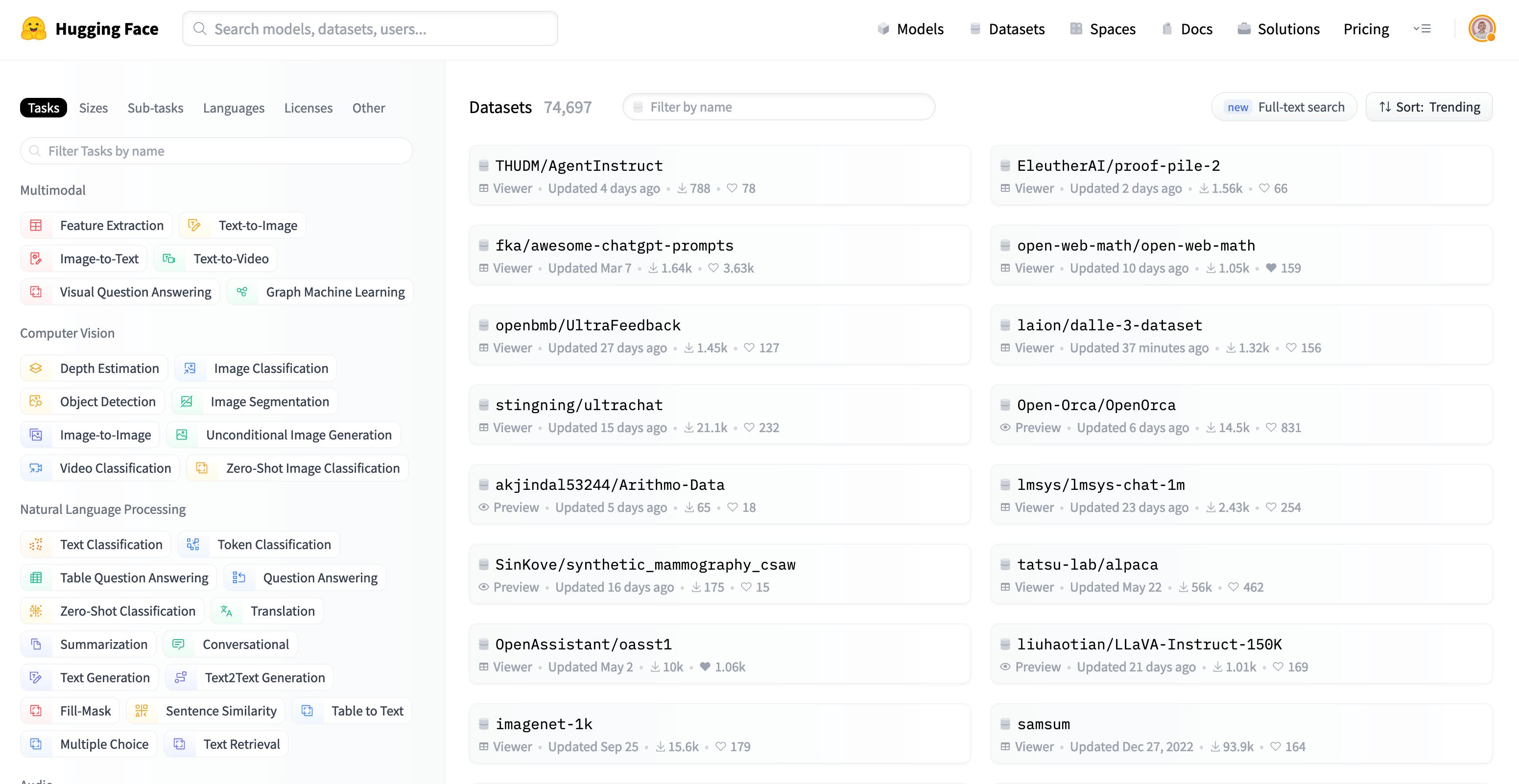 Screenshot of datasets in the Hugging Face Hub