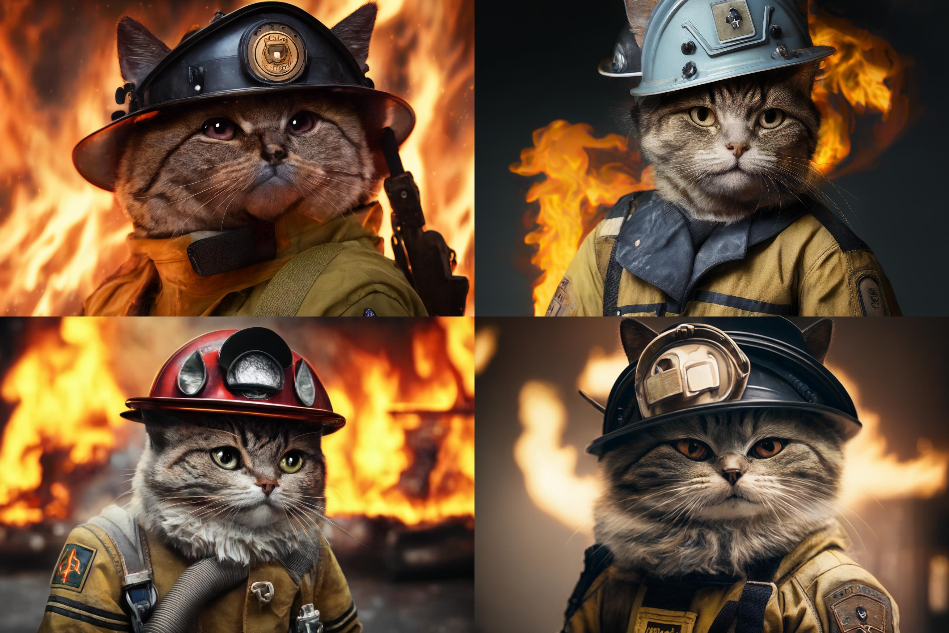 Anthropomorphic cat dressed as a fire-fighter