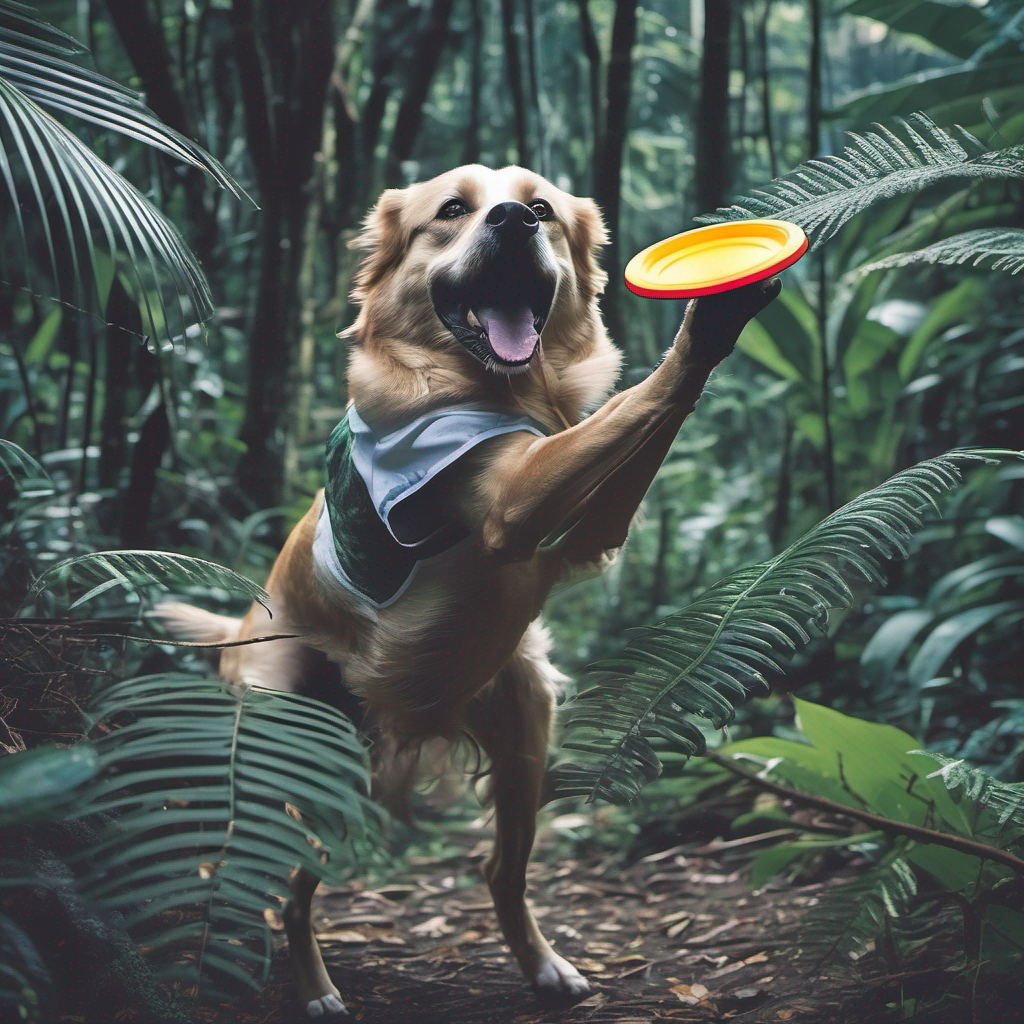 generated image of a dog catching a frisbee in a jungle