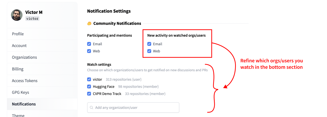 Notifications settings page