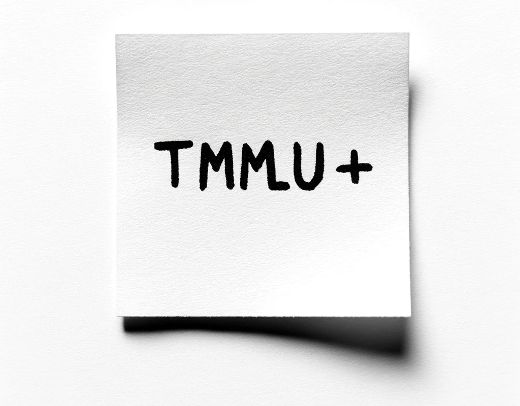 A close-up image of a neat paper note with a white background. The text 'TMMLU+' is written horizontally across the center of the note in bold, black. Join us to work in multimodal LLM : https://ikala.ai/recruit/