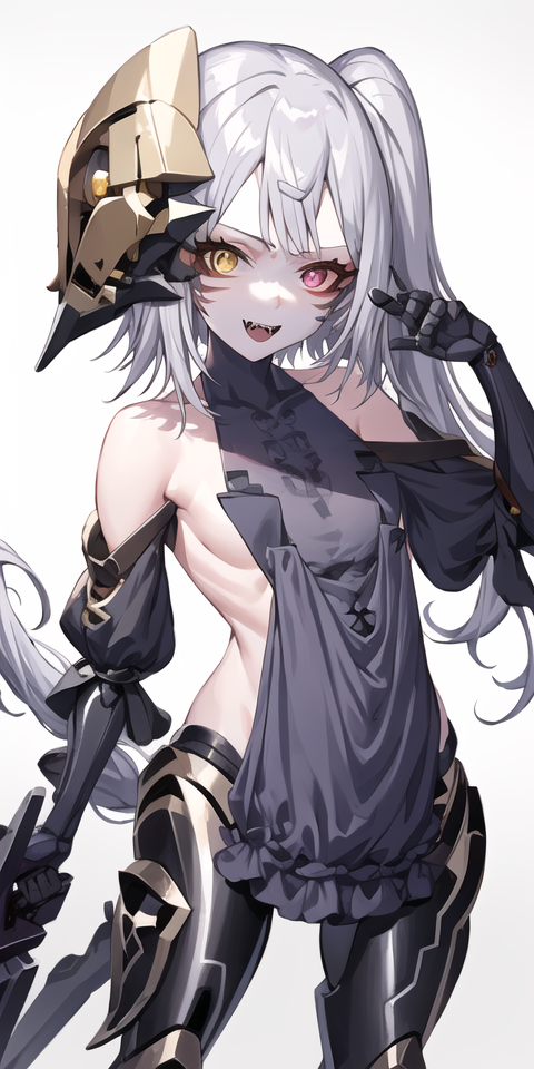 25171-458171716-1girl, bare_shoulders, black_dress, colored_skin, cowboy_shot, cyborg, dress, facial_mark, fangs, flat_chest, grey_hair, heteroc.png