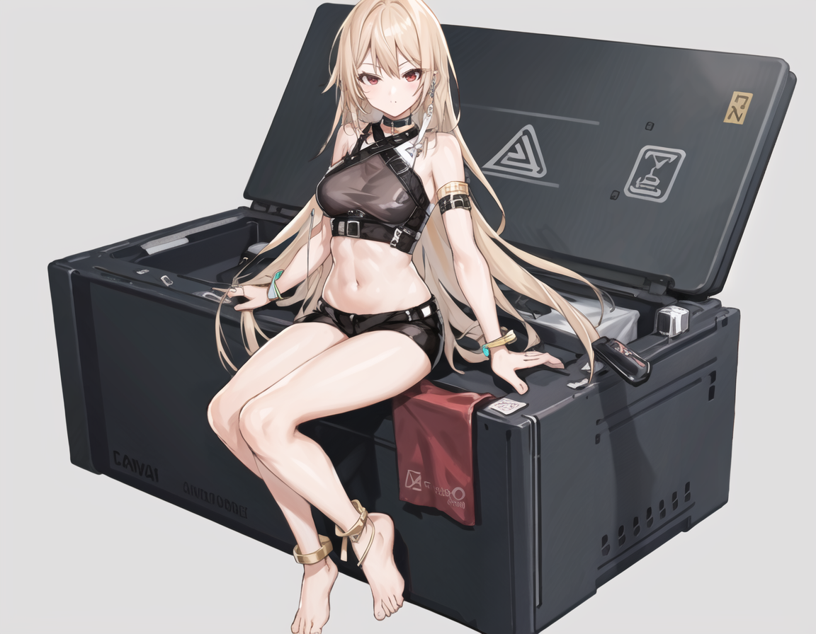 26797-1553209939-unboxing, black container, plastic_clothes, 1girl, long_hair, breasts, looking_at_viewer, bangs, shirt, red_eyes, navel, bare_sh.png