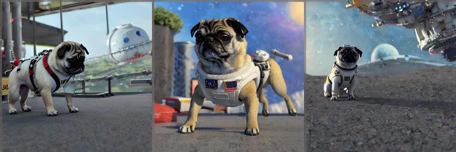 Photo of cute puggieace dog as an astronaut, planet and spaceship in background, ultra realistic, intricate details, highly detailed, photorealistic, octane render, 8 k, unreal engine. trending on artstation
