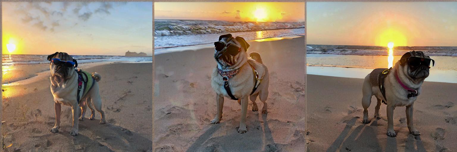 Photo of puggieace dog wearing sunglasses on the beach, sunset in background, golden hour
