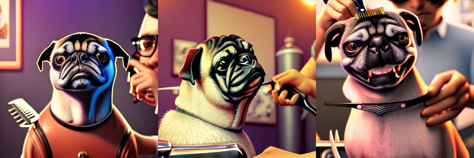 A photo of a cute puggieace dog getting a haircut in a barbershop, ultra realistic, intricate details, highly detailed, photorealistic, octane render, 8 k, unreal engine. art by artgerm and greg rutkowski and charlie bowater and magali villeneuve and alphonse mucha