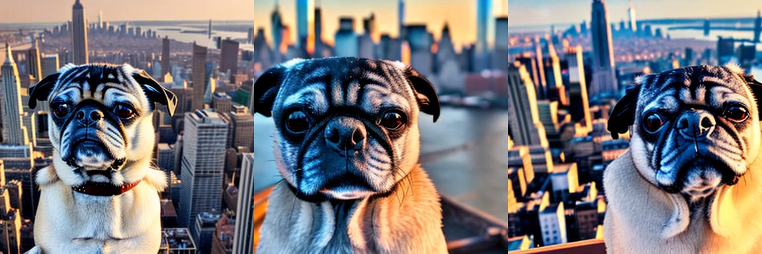 Portrait photo of puggieace dog in New York, city and skyscrapers in background, highly detailed, photorealistic, hdr, 4k