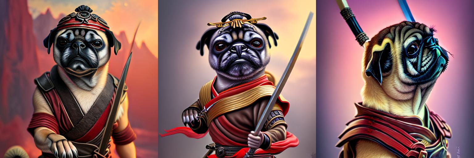 Portrait painting of a cute puggieace dog as a samurai, ultra realistic, concept art, intricate details, eerie, highly detailed, photorealistic, octane render, 8 k, unreal engine. art by artgerm and greg rutkowski and charlie bowater and magali villeneuve and alphonse mucha