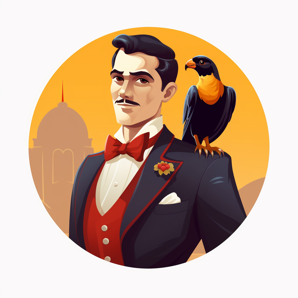 a witty and elegant butler with a falcon on his shoulder, smile, flat illustration, simple shapes, colorful, lo-fi aesthetics