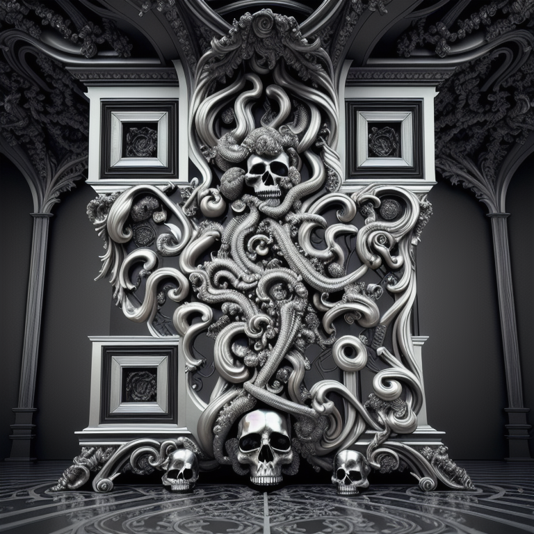 A gothic sculpture in shape of a QR code, reading "https://qrcode.monster"