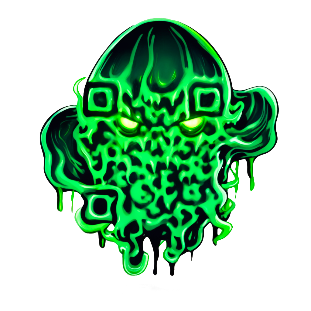 QR code in shape of a green monster, reading "https://qrcode.monster"