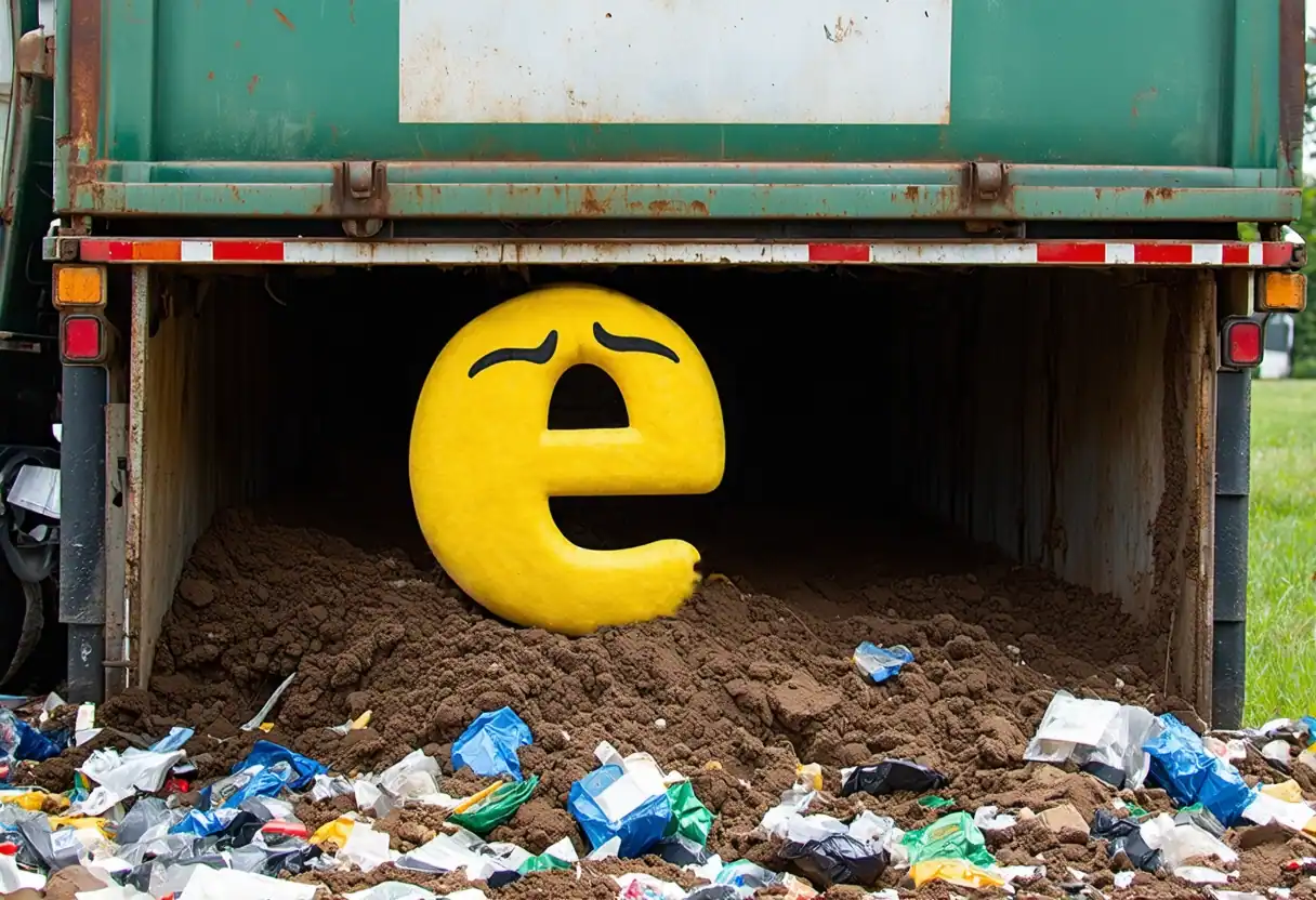 The letter E discarded in a dumpster.