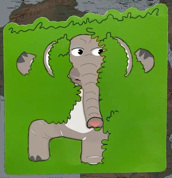 A meme of an elephant hiding in the bushes.