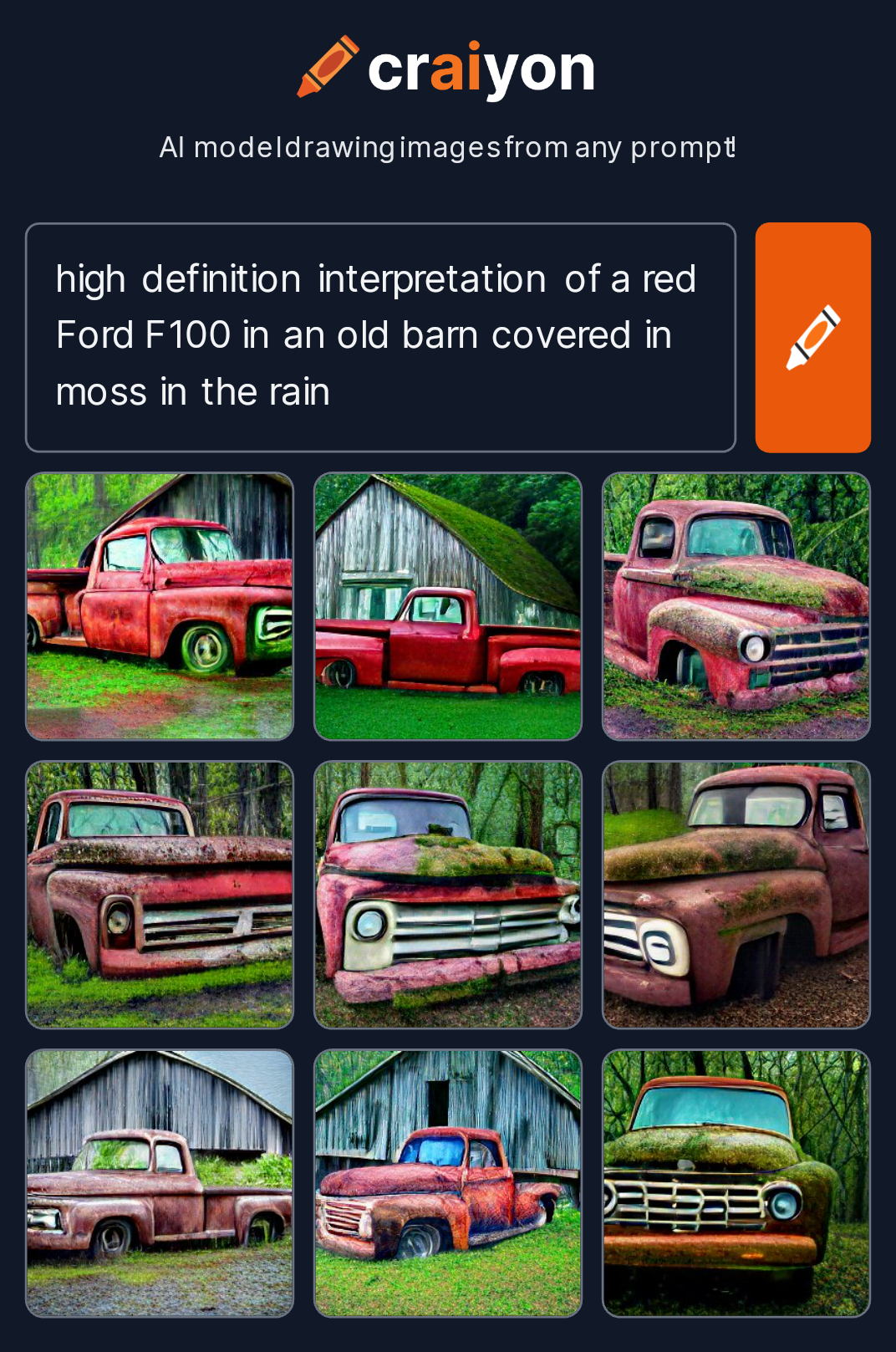 craiyon_212303_high_definition_interpretation_of_a_red_Ford_F100_in_an_old_barn_covered_in_moss_in_t.png