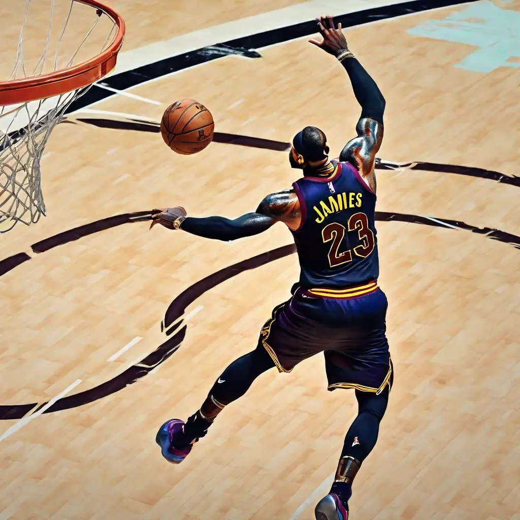 Lebron James ultra realistic photo flying from half-court line to dunk, backboard glass shatters.webp