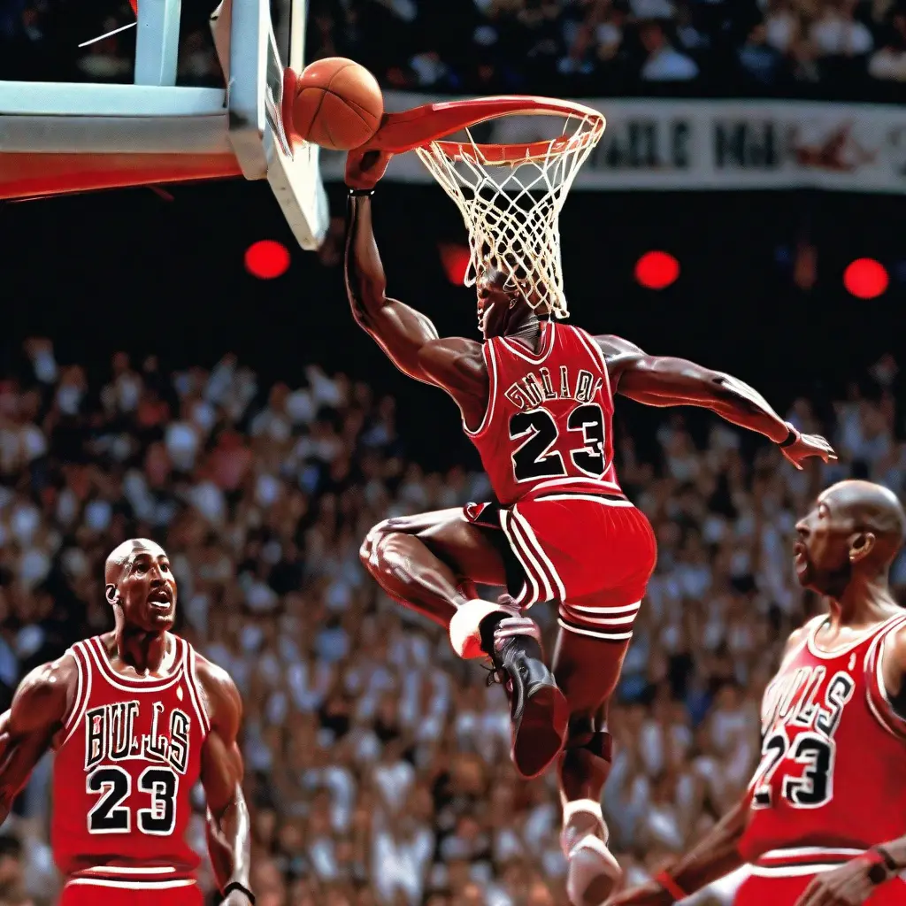 Michael Jordan ultra realistic photo dunking with tongue hanging low crowd goes wild pippen is in awe.webp