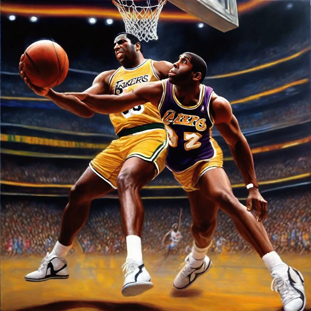 ultra high definition realistic oil painting of magic Johnson engaged in superb basketball silhouettes darkness brightened by shazam du.webp