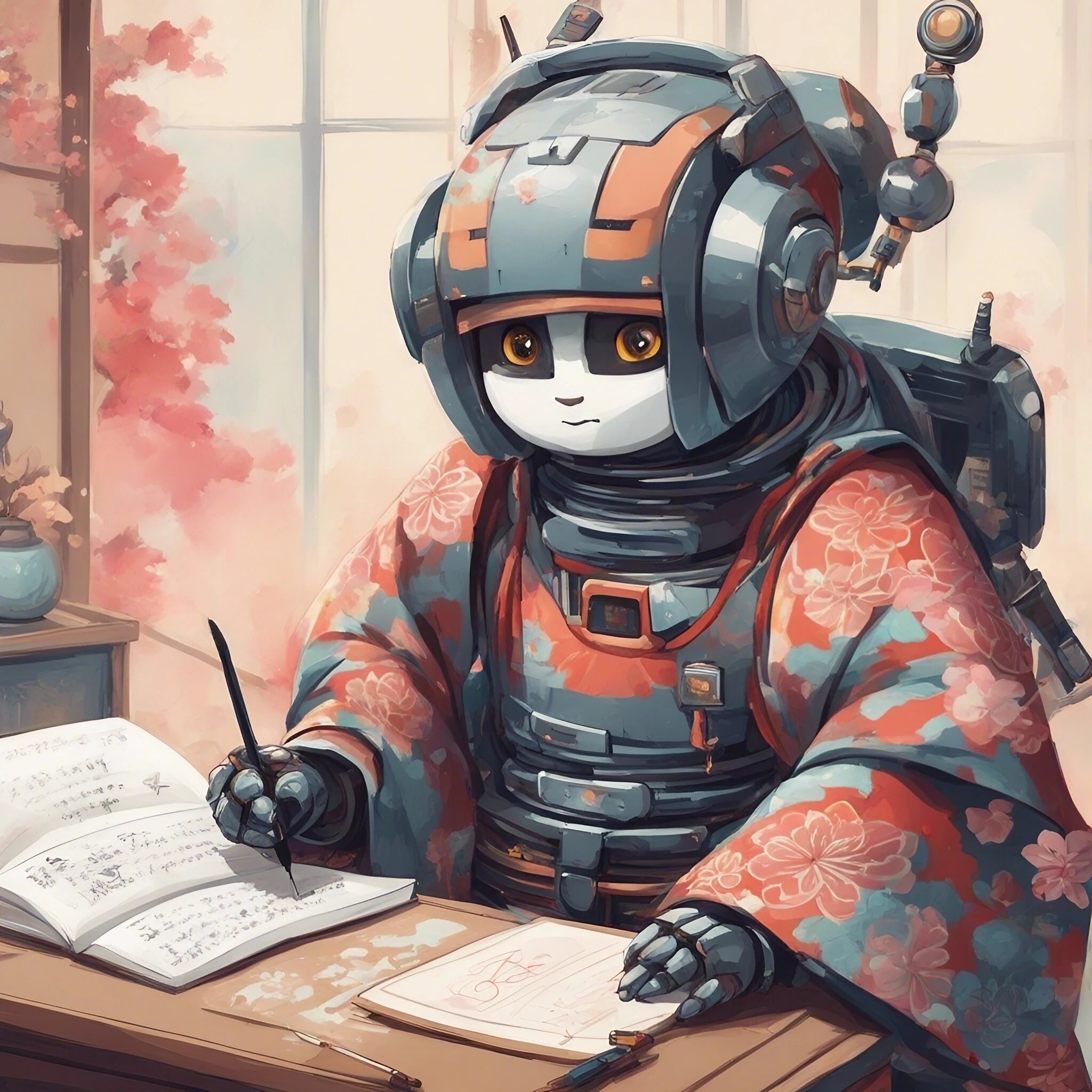 A cute robot wearing a kimono writes calligraphy with one single brush
